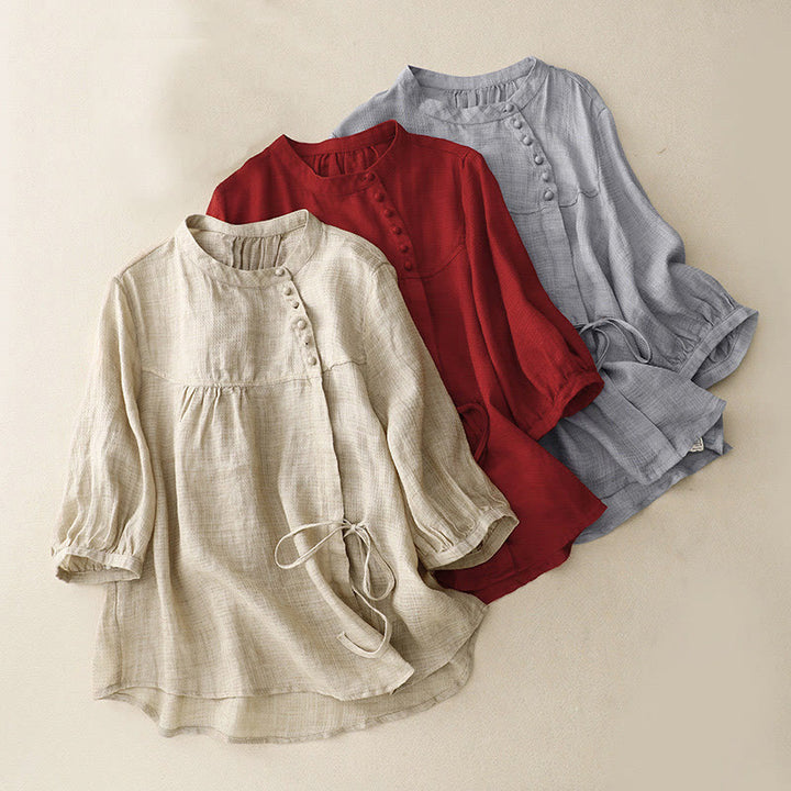 Camisa de lino y algodón para mujer con mangas tres cuartos y diseño de Buddha Stones con botones y cordones - image 1