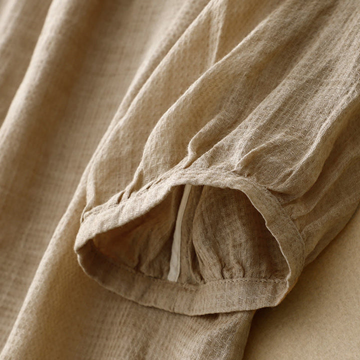 Camisa de lino y algodón para mujer con mangas tres cuartos y diseño de Buddha Stones con botones y cordones - image 10