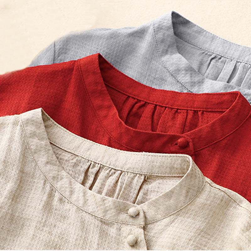 Camisa de lino y algodón para mujer con mangas tres cuartos y diseño de Buddha Stones con botones y cordones - image 14