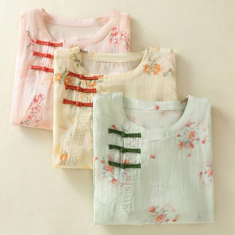 Camisa de poliéster de manga tres cuartos para mujer con cuello redondo, estampado de plantas y botones de rana, con Buddha Stones - image 25