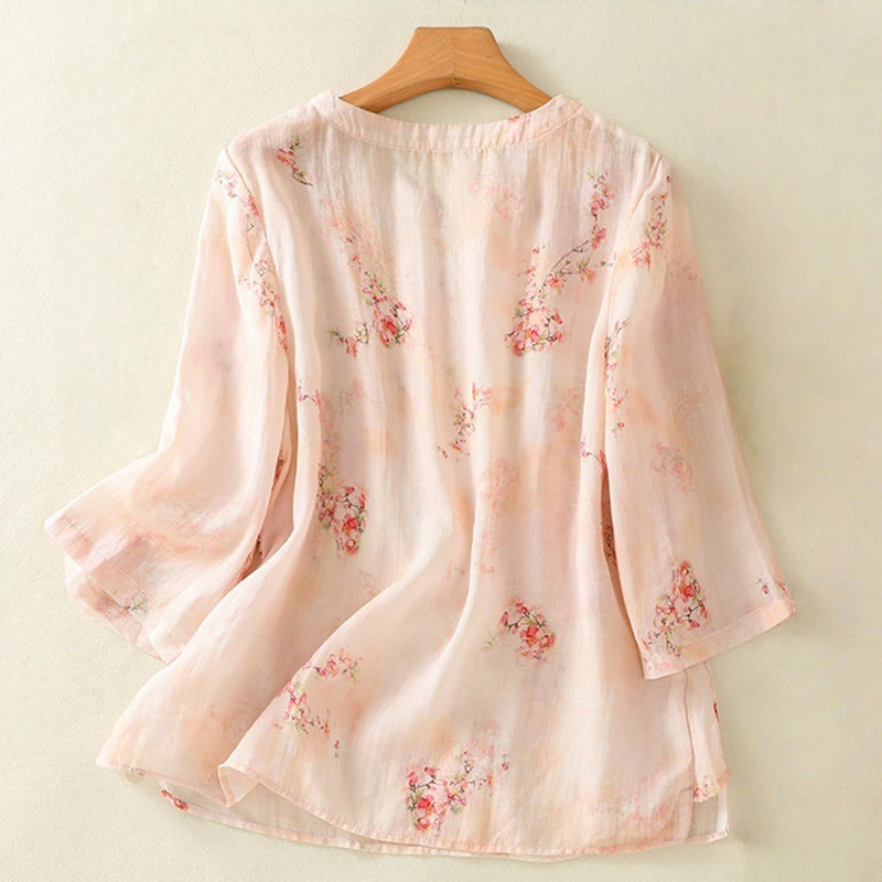 Camisa de poliéster de manga tres cuartos para mujer con cuello redondo, estampado de plantas y botones de rana, con Buddha Stones - image 9