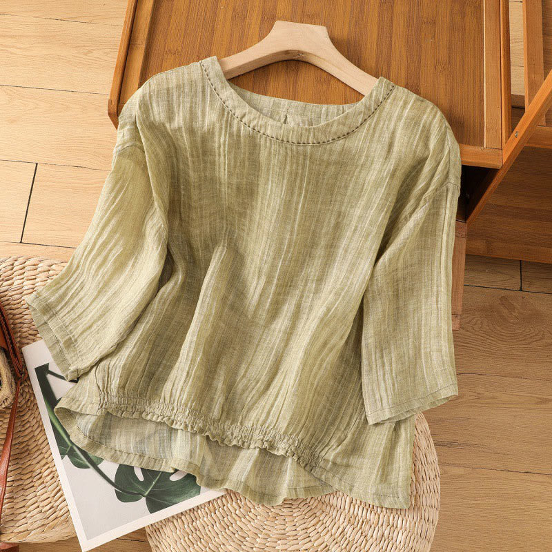 Camiseta informal de verano con cuello redondo y manga tres cuartos de algodón y lino para mujer con estampado de Buddha Stones - Caqui oscuro - US14，UK/AU18，EU46 (2XL) - image 0