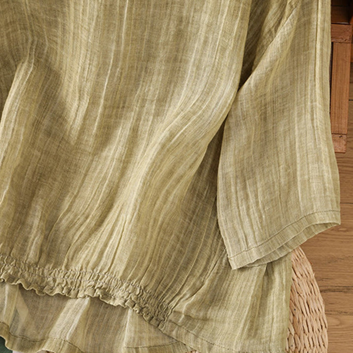 Camiseta informal de verano con cuello redondo y manga tres cuartos de algodón y lino para mujer con estampado de Buddha Stones - image 5