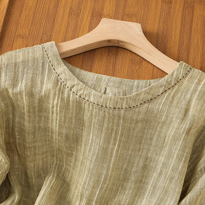 Camiseta informal de verano con cuello redondo y manga tres cuartos de algodón y lino para mujer con estampado de Buddha Stones - image 3