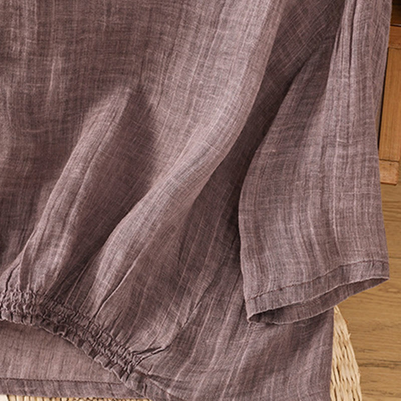 Camiseta informal de verano con cuello redondo y manga tres cuartos de algodón y lino para mujer con estampado de Buddha Stones - image 10