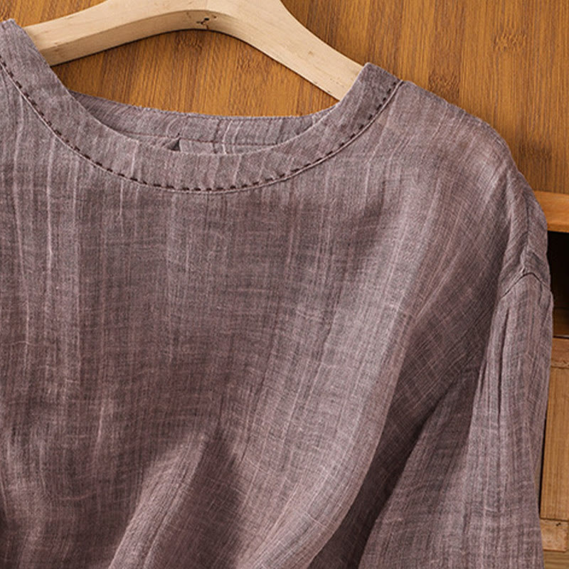 Camiseta informal de verano con cuello redondo y manga tres cuartos de algodón y lino para mujer con estampado de Buddha Stones - image 12