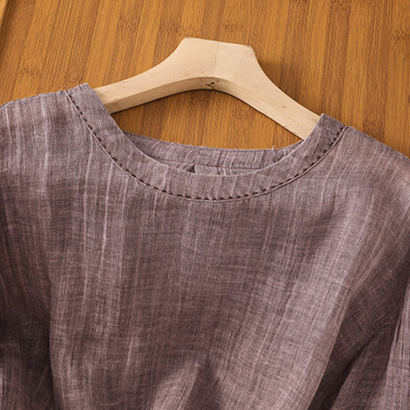 Camiseta informal de verano con cuello redondo y manga tres cuartos de algodón y lino para mujer con estampado de Buddha Stones - image 11