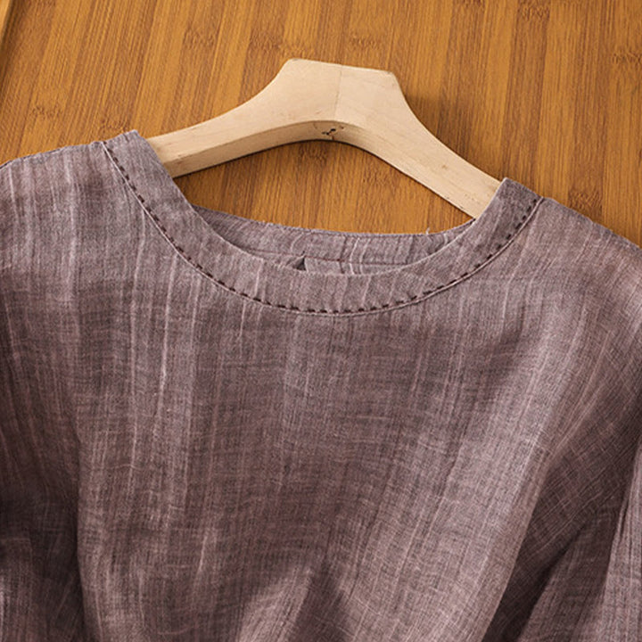 Camiseta informal de verano con cuello redondo y manga tres cuartos de algodón y lino para mujer con estampado de Buddha Stones - image 11