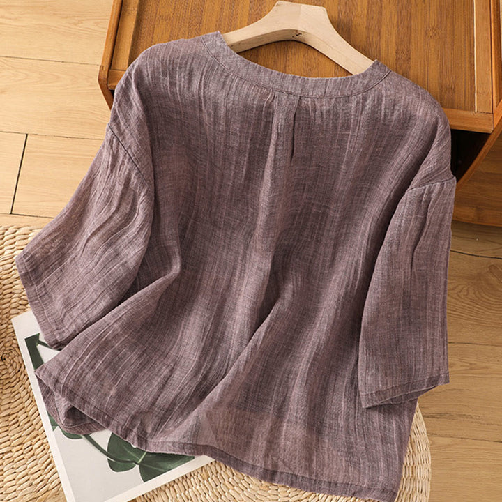 Camiseta informal de verano con cuello redondo y manga tres cuartos de algodón y lino para mujer con estampado de Buddha Stones - image 9