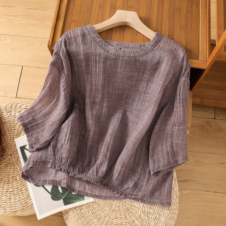 Camiseta informal de verano con cuello redondo y manga tres cuartos de algodón y lino para mujer con estampado de Buddha Stones - Orquídea mediana - US14，UK/AU18，EU46 (2XL) - image 8