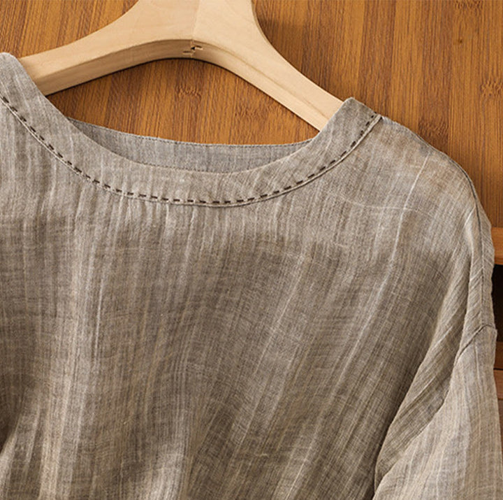 Camiseta informal de verano con cuello redondo y manga tres cuartos de algodón y lino para mujer con estampado de Buddha Stones - image 19