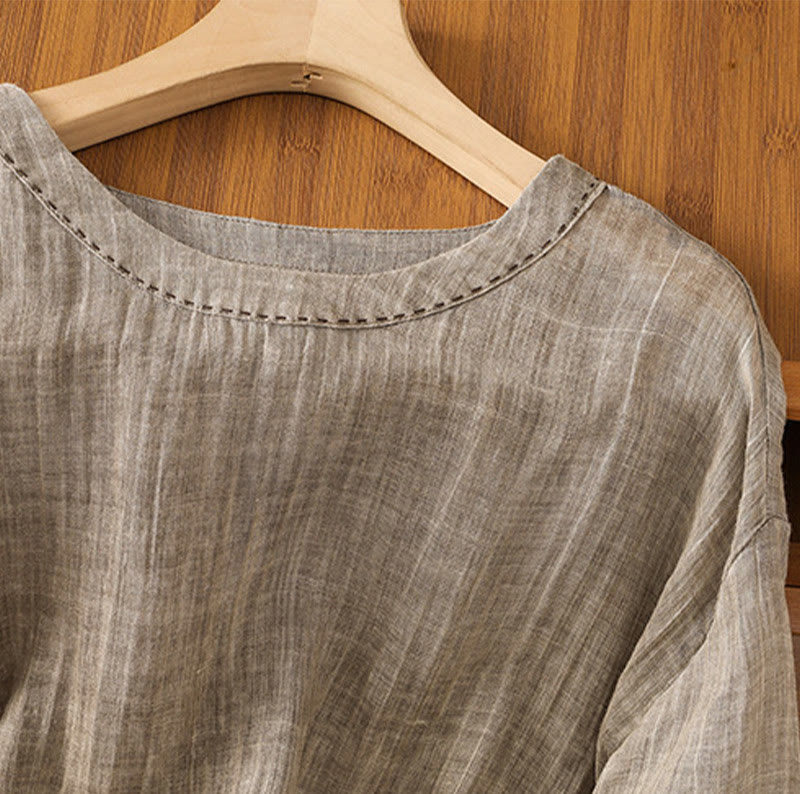 Camiseta informal de verano con cuello redondo y manga tres cuartos de algodón y lino para mujer con estampado de Buddha Stones - image 19