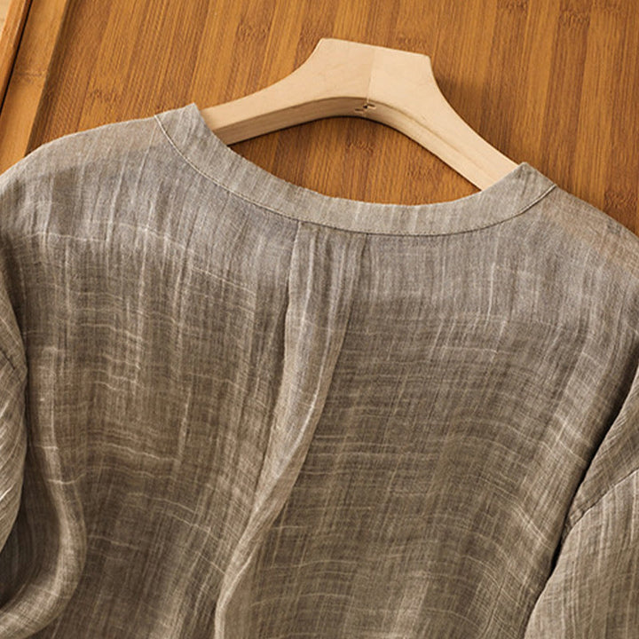 Camiseta informal de verano con cuello redondo y manga tres cuartos de algodón y lino para mujer con estampado de Buddha Stones - image 20