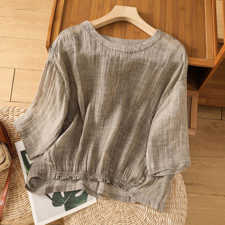 Camiseta informal de verano con cuello redondo y manga tres cuartos de algodón y lino para mujer con estampado de Buddha Stones - Broncearse - US14，UK/AU18，EU46 (2XL) - image 16