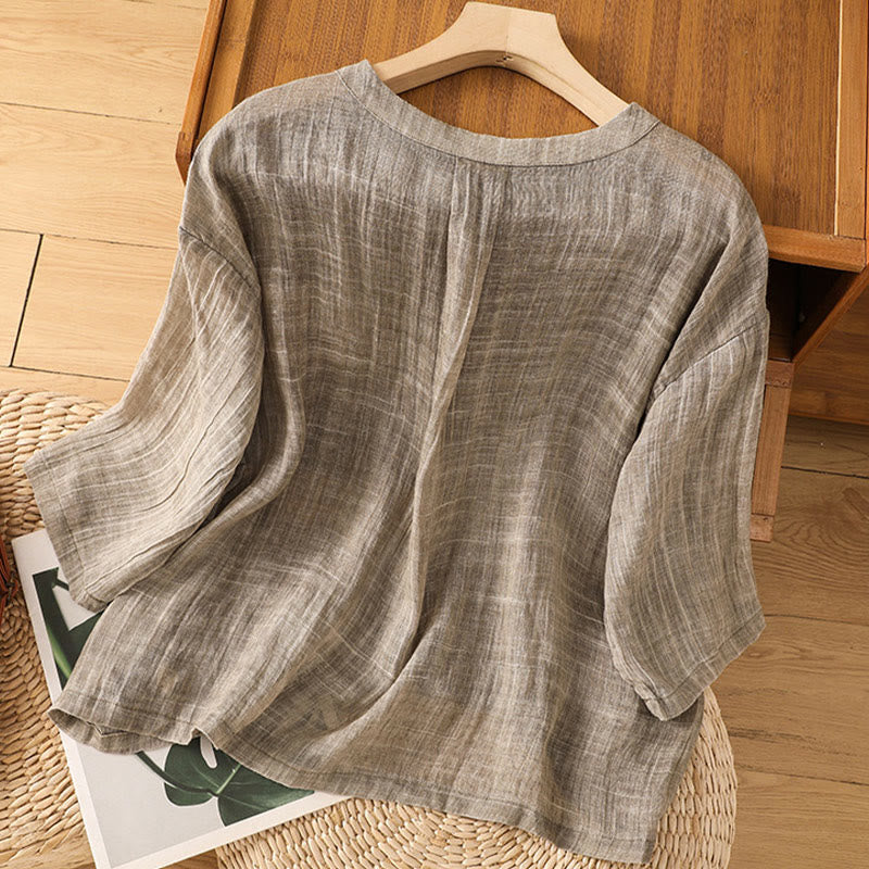 Camiseta informal de verano con cuello redondo y manga tres cuartos de algodón y lino para mujer con estampado de Buddha Stones - image 17