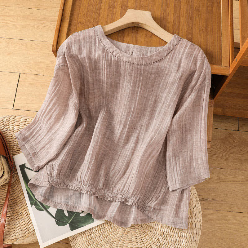 Camiseta informal de verano con cuello redondo y manga tres cuartos de algodón y lino para mujer con estampado de Buddha Stones - image 25