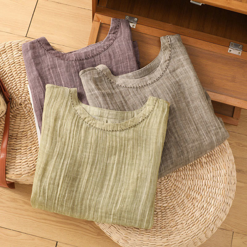 Camiseta informal de verano con cuello redondo y manga tres cuartos de algodón y lino para mujer con estampado de Buddha Stones - image 29