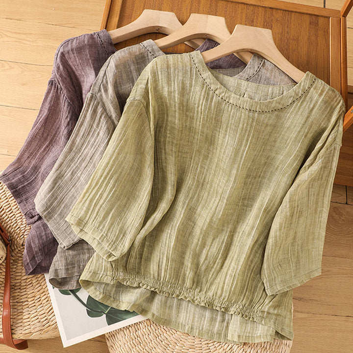 Camiseta informal de verano con cuello redondo y manga tres cuartos de algodón y lino para mujer con estampado de Buddha Stones - image 30