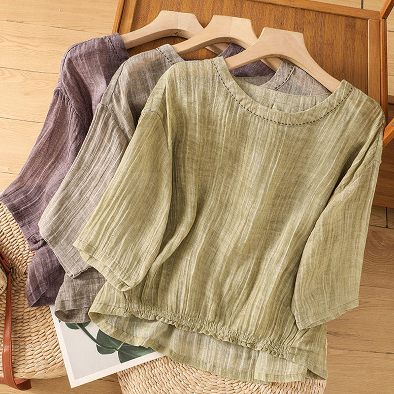 Camiseta informal de verano con cuello redondo y manga tres cuartos de algodón y lino para mujer con estampado de Buddha Stones - image 30