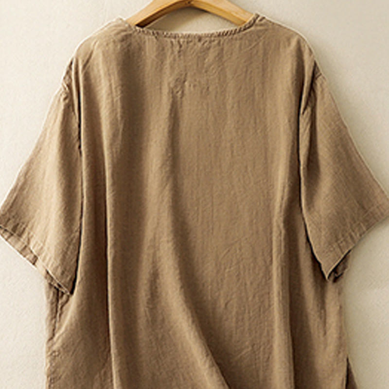 Camiseta informal de algodón de manga corta con cuello redondo y bordado de Buddha Stones para mujer, de verano - image 1