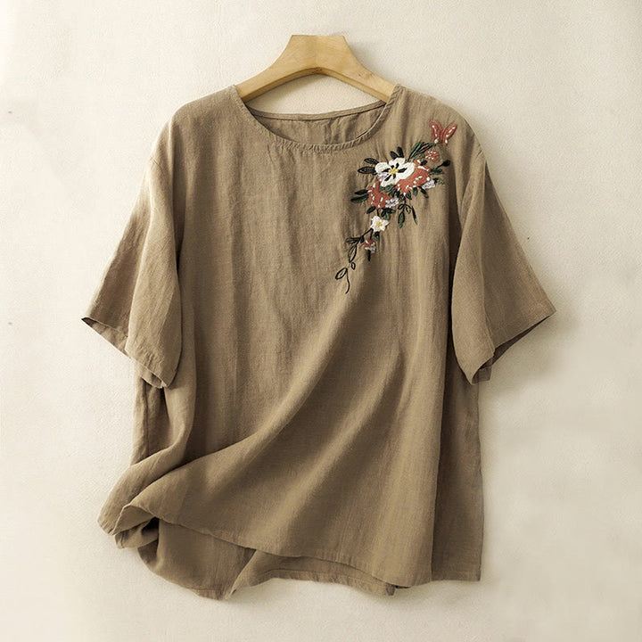 Camiseta informal de algodón de manga corta con cuello redondo y bordado de Buddha Stones para mujer, de verano - Vara de oro oscura - US14，UK/AU18，EU46 (2XL) - image 0