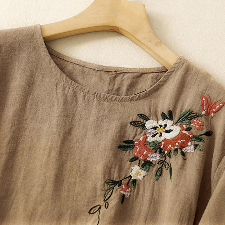 Camiseta informal de algodón de manga corta con cuello redondo y bordado de Buddha Stones para mujer, de verano - image 2