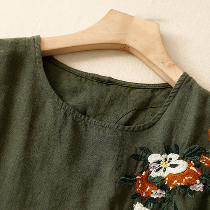 Camiseta informal de algodón de manga corta con cuello redondo y bordado de Buddha Stones para mujer, de verano - image 17