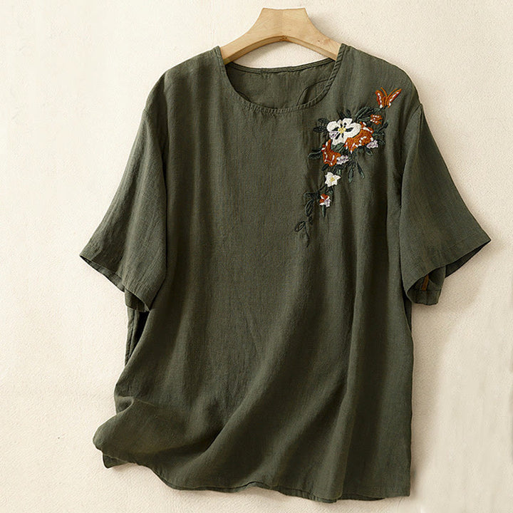 Camiseta informal de algodón de manga corta con cuello redondo y bordado de Buddha Stones para mujer, de verano - Verde oliva oscuro - US14，UK/AU18，EU46 (2XL) - image 16