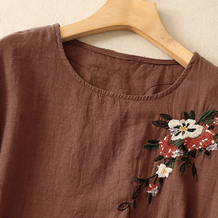 Camiseta informal de algodón de manga corta con cuello redondo y bordado de Buddha Stones para mujer, de verano - image 23