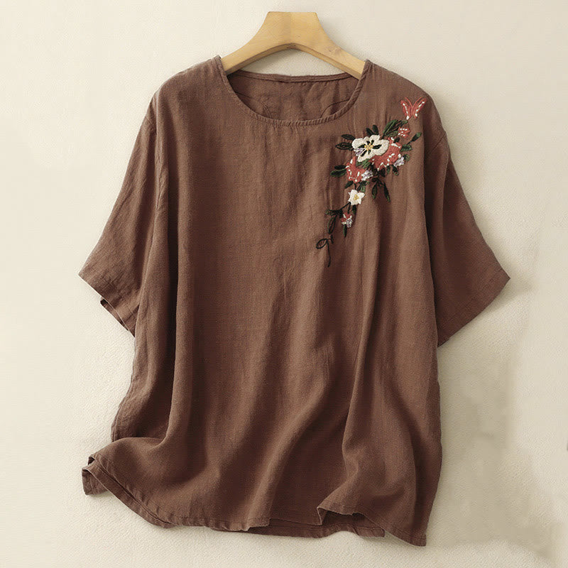 Camiseta informal de algodón de manga corta con cuello redondo y bordado de Buddha Stones para mujer, de verano - Marrón silla de montar - US14，UK/AU18，EU46 (2XL) - image 22