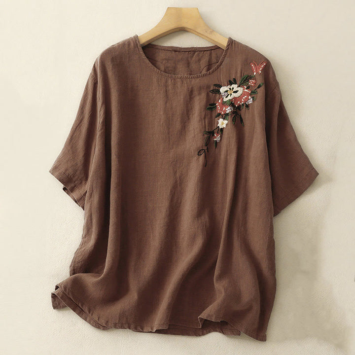 Camiseta informal de algodón de manga corta con cuello redondo y bordado de Buddha Stones para mujer, de verano - Marrón silla de montar - US14，UK/AU18，EU46 (2XL) - image 22