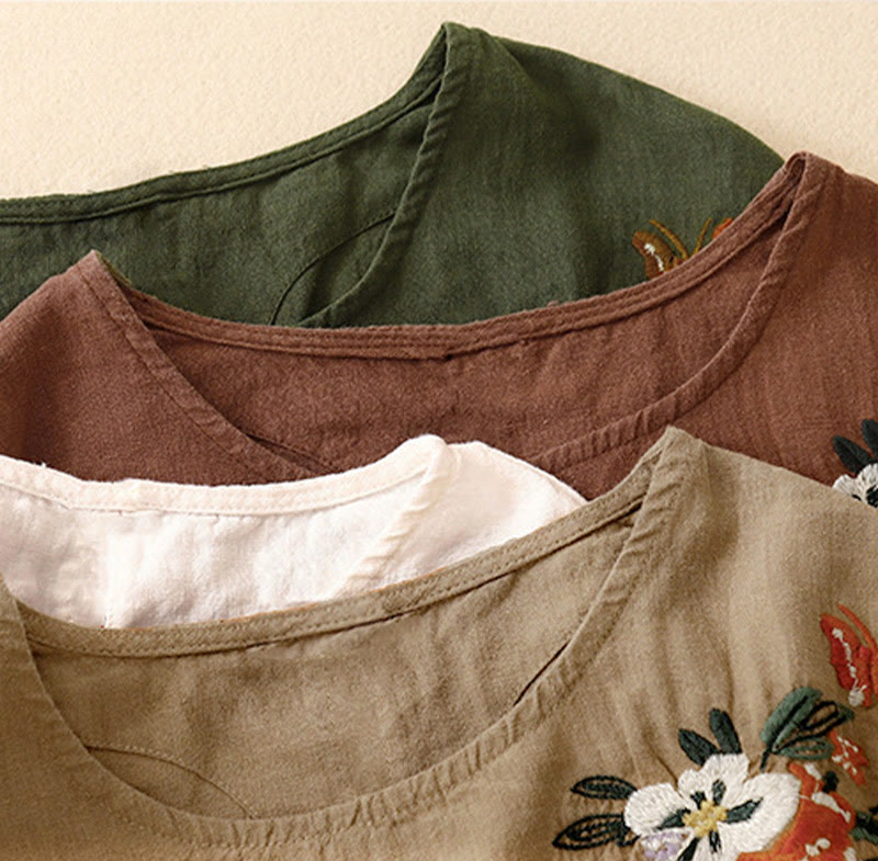 Camiseta informal de algodón de manga corta con cuello redondo y bordado de Buddha Stones para mujer, de verano - image 28