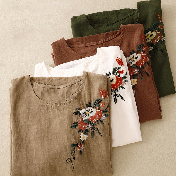 Camiseta informal de algodón de manga corta con cuello redondo y bordado de Buddha Stones para mujer, de verano - image 29