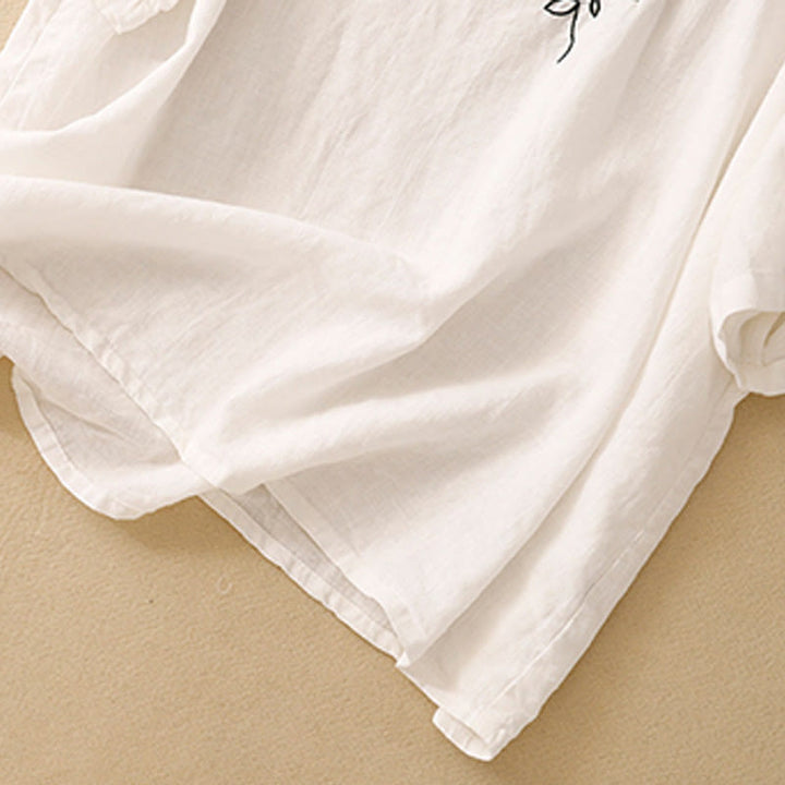 Camiseta informal de algodón de manga corta con cuello redondo y bordado de Buddha Stones para mujer, de verano - image 14