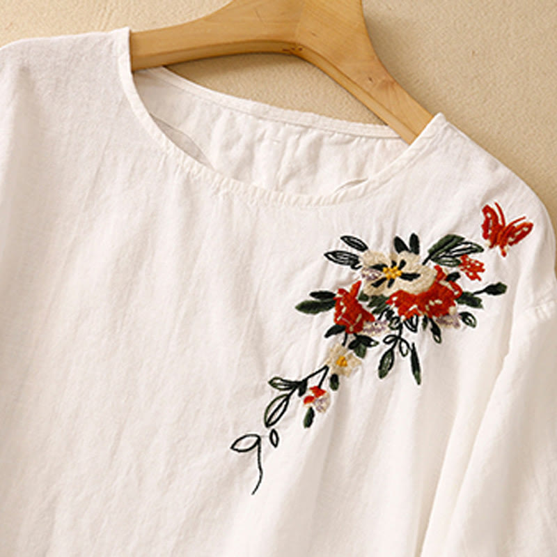 Camiseta informal de algodón de manga corta con cuello redondo y bordado de Buddha Stones para mujer, de verano - image 11