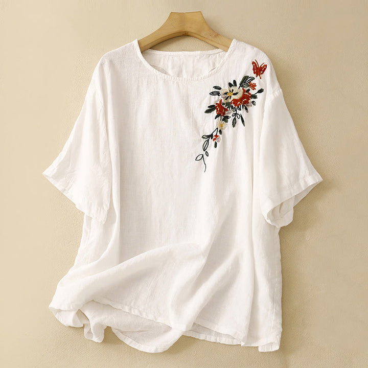 Camiseta informal de algodón de manga corta con cuello redondo y bordado de Buddha Stones para mujer, de verano - Blanco - US14，UK/AU18，EU46 (2XL) - image 10