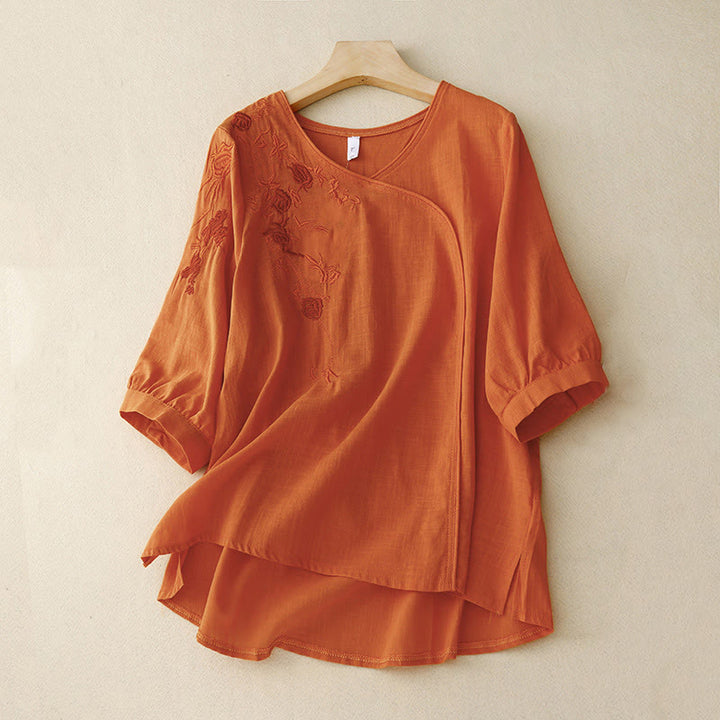 Camisa de algodón y lino con mangas tres cuartos para mujer, diseño bordado con piedras de Buddha Stones y rosas - Coral - US12, UK/AU16, EU44 (2XL) - image 7