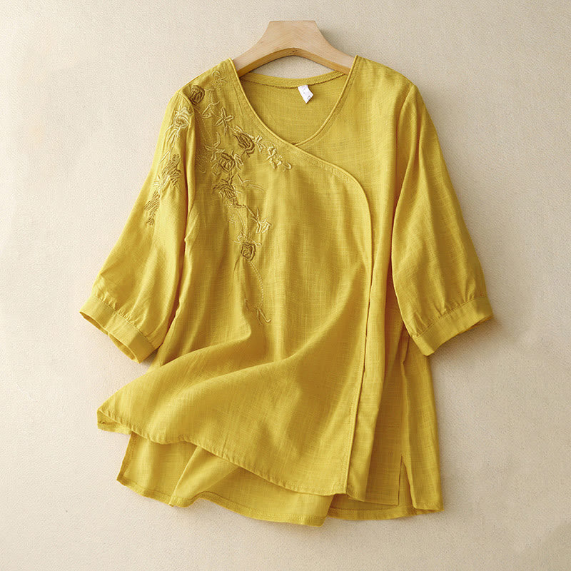 Camisa de algodón y lino con mangas tres cuartos para mujer, diseño bordado con piedras de Buddha Stones y rosas - Amarillo - US12, UK/AU16, EU44 (2XL) - image 11