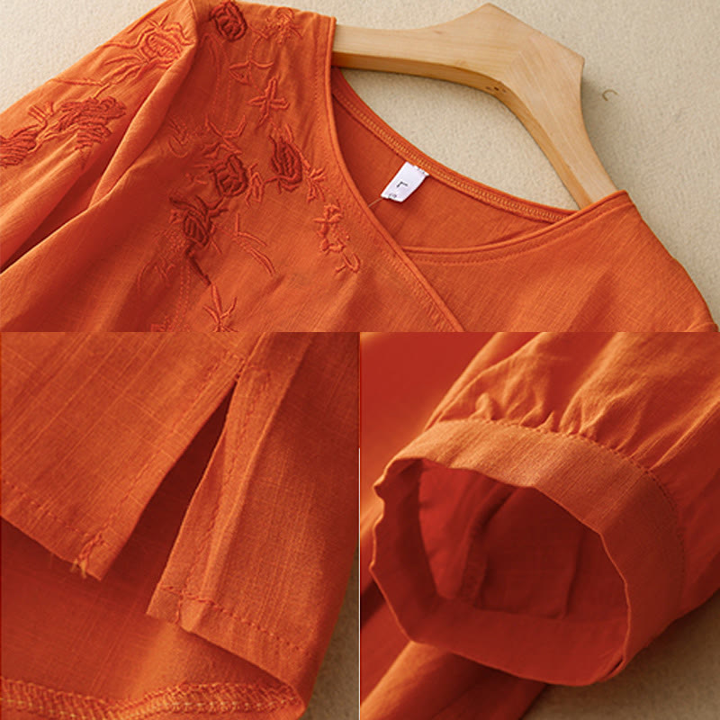 Camisa de algodón y lino con mangas tres cuartos para mujer, diseño bordado con piedras de Buddha Stones y rosas - image 10