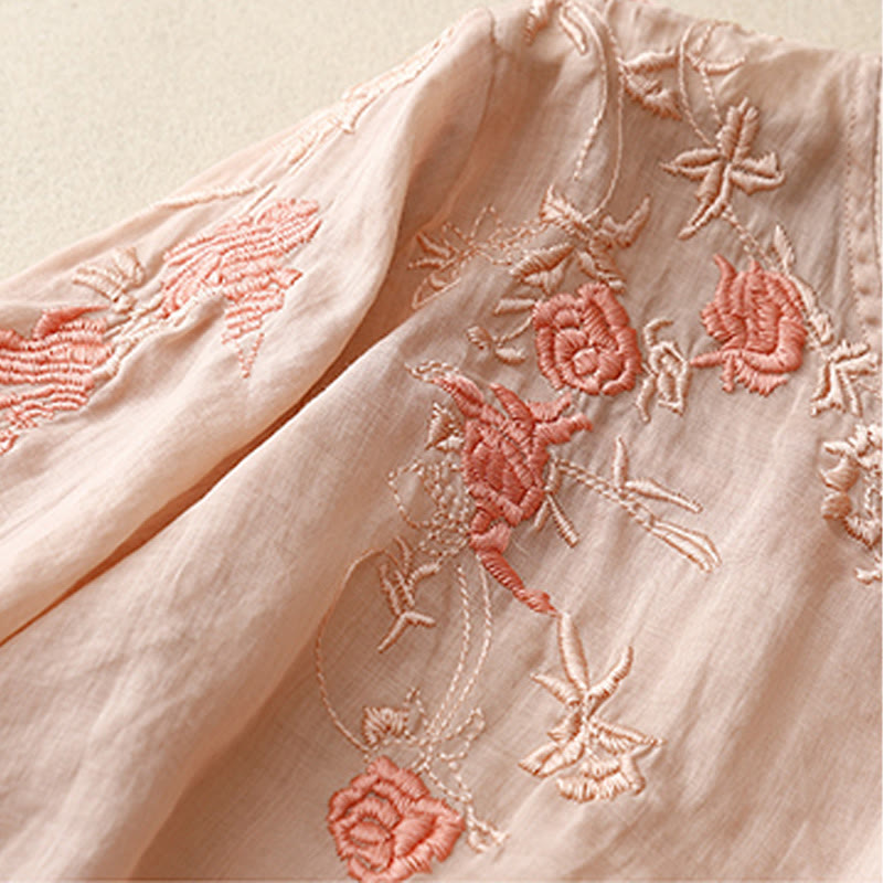 Camisa de algodón y lino con mangas tres cuartos para mujer, diseño bordado con piedras de Buddha Stones y rosas - image 3