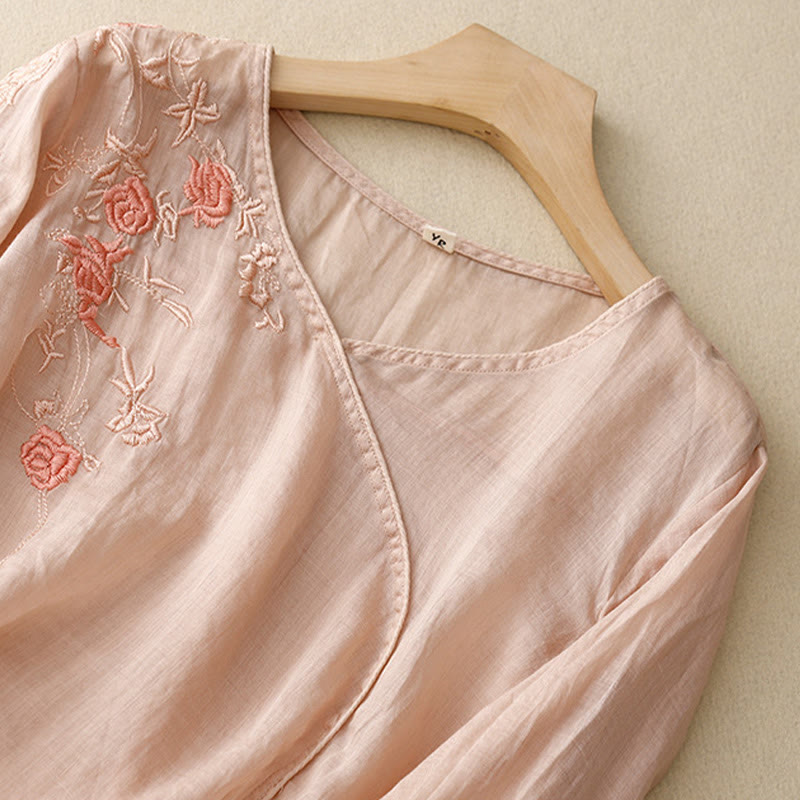 Camisa de algodón y lino con mangas tres cuartos para mujer, diseño bordado con piedras de Buddha Stones y rosas - image 1