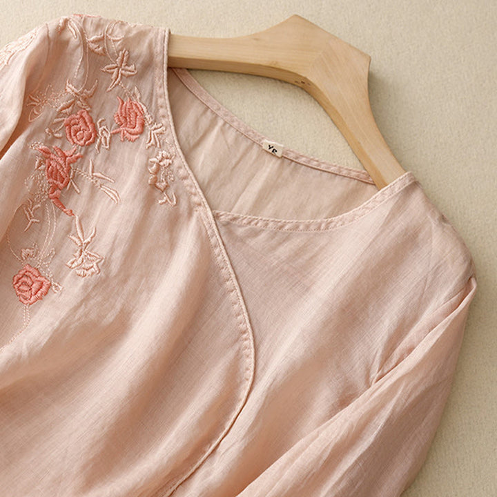 Camisa de algodón y lino con mangas tres cuartos para mujer, diseño bordado con piedras de Buddha Stones y rosas - image 1