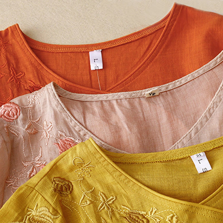 Camisa de algodón y lino con mangas tres cuartos para mujer, diseño bordado con piedras de Buddha Stones y rosas - image 16