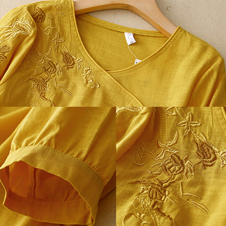 Camisa de algodón y lino con mangas tres cuartos para mujer, diseño bordado con piedras de Buddha Stones y rosas - image 13