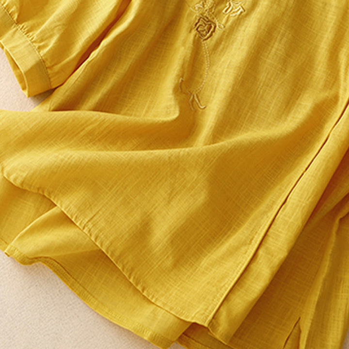 Camisa de algodón y lino con mangas tres cuartos para mujer, diseño bordado con piedras de Buddha Stones y rosas - image 14