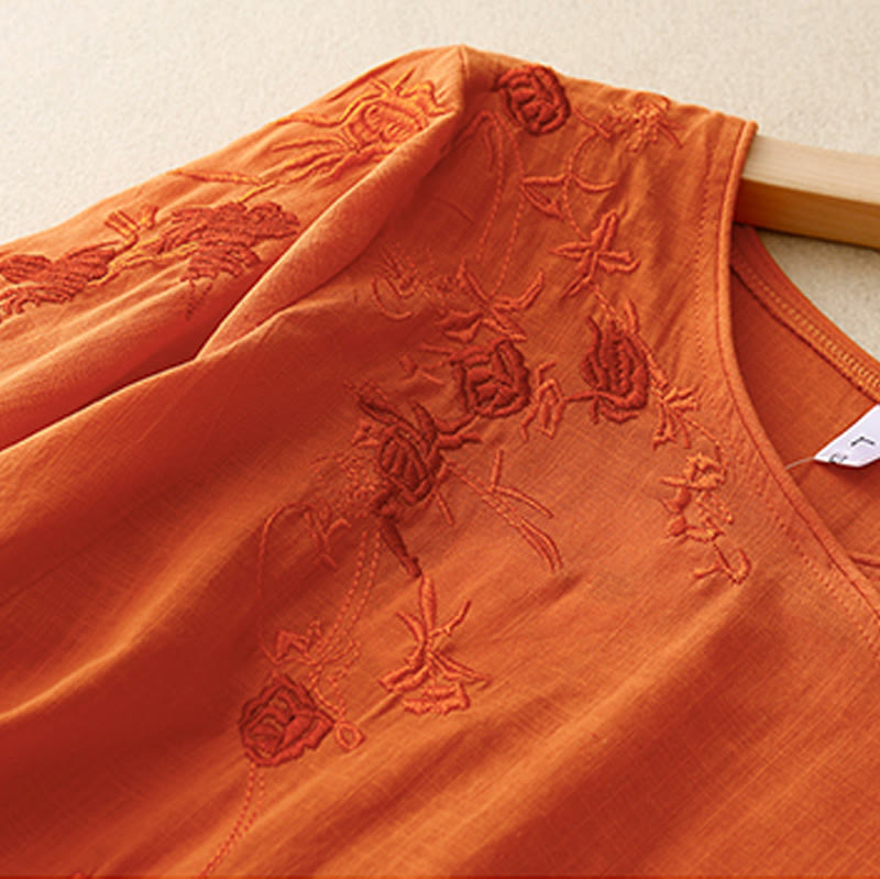 Camisa de algodón y lino con mangas tres cuartos para mujer, diseño bordado con piedras de Buddha Stones y rosas - image 8