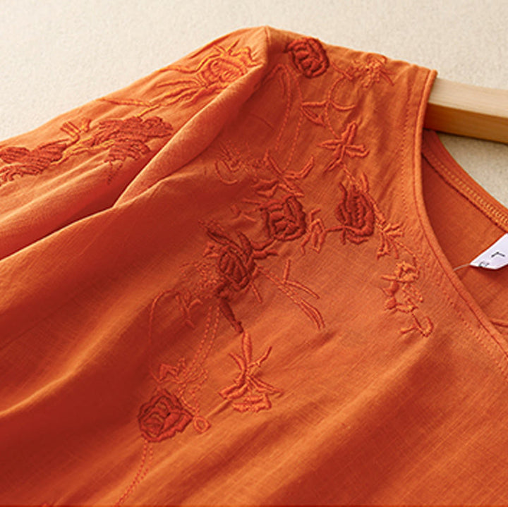 Camisa de algodón y lino con mangas tres cuartos para mujer, diseño bordado con piedras de Buddha Stones y rosas - image 8