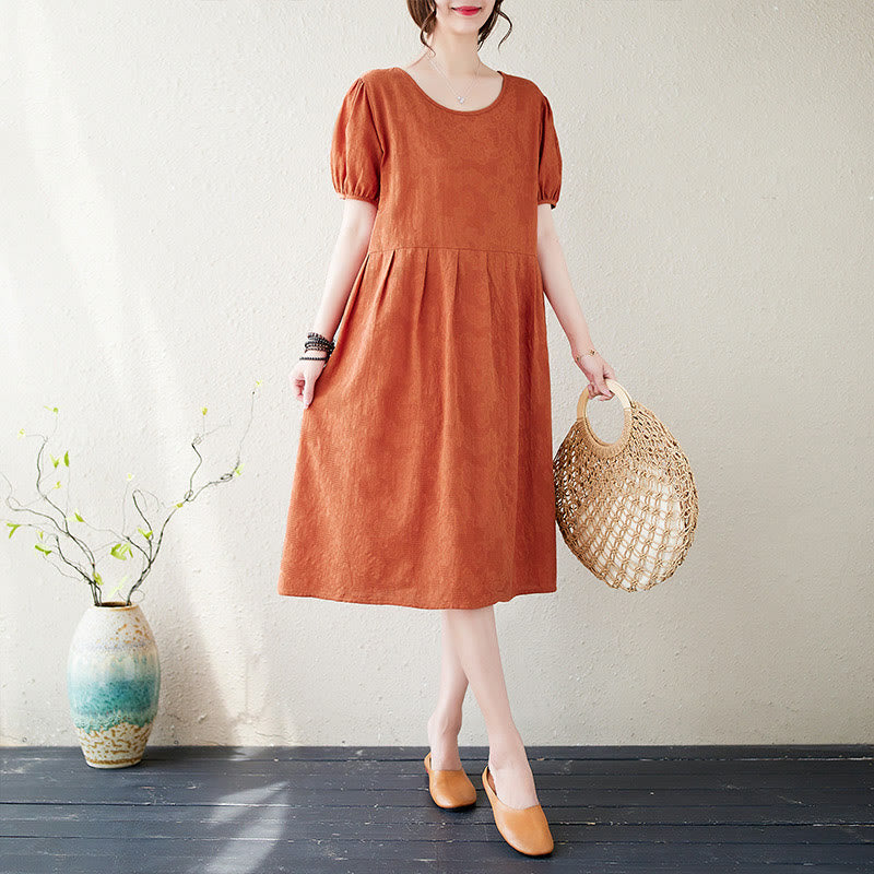 Vestido midi informal de lino y algodón con cuello redondo, mangas cortas abullonadas y jacquard de color liso con Buddha Stones - Rojo anaranjado - US8-10，UK/AU12-14，EU40-42 (2XL) - image 0