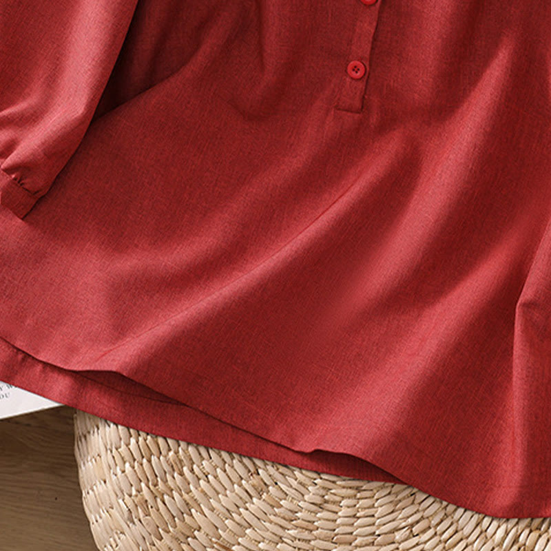 Camisa de lino y algodón con cuello redondo y botones lisos para mujer, manga tres cuartos, con diseño de Buddha Stones - image 1