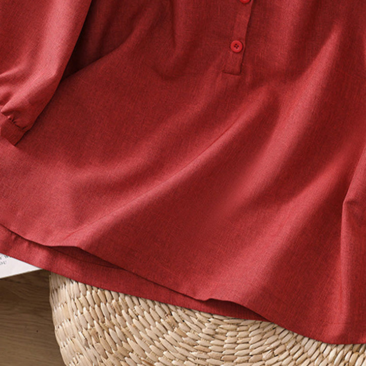 Camisa de lino y algodón con cuello redondo y botones lisos para mujer, manga tres cuartos, con diseño de Buddha Stones - image 1